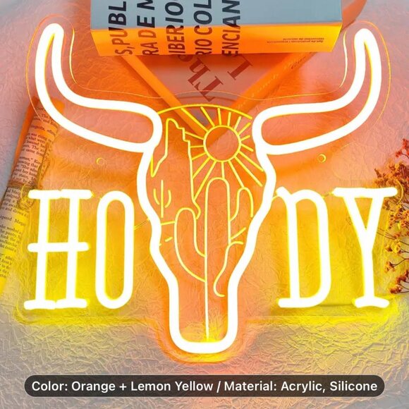BULL HORNED  HOWDY SKULL NEON LED SIGN - Picture 1 of 5